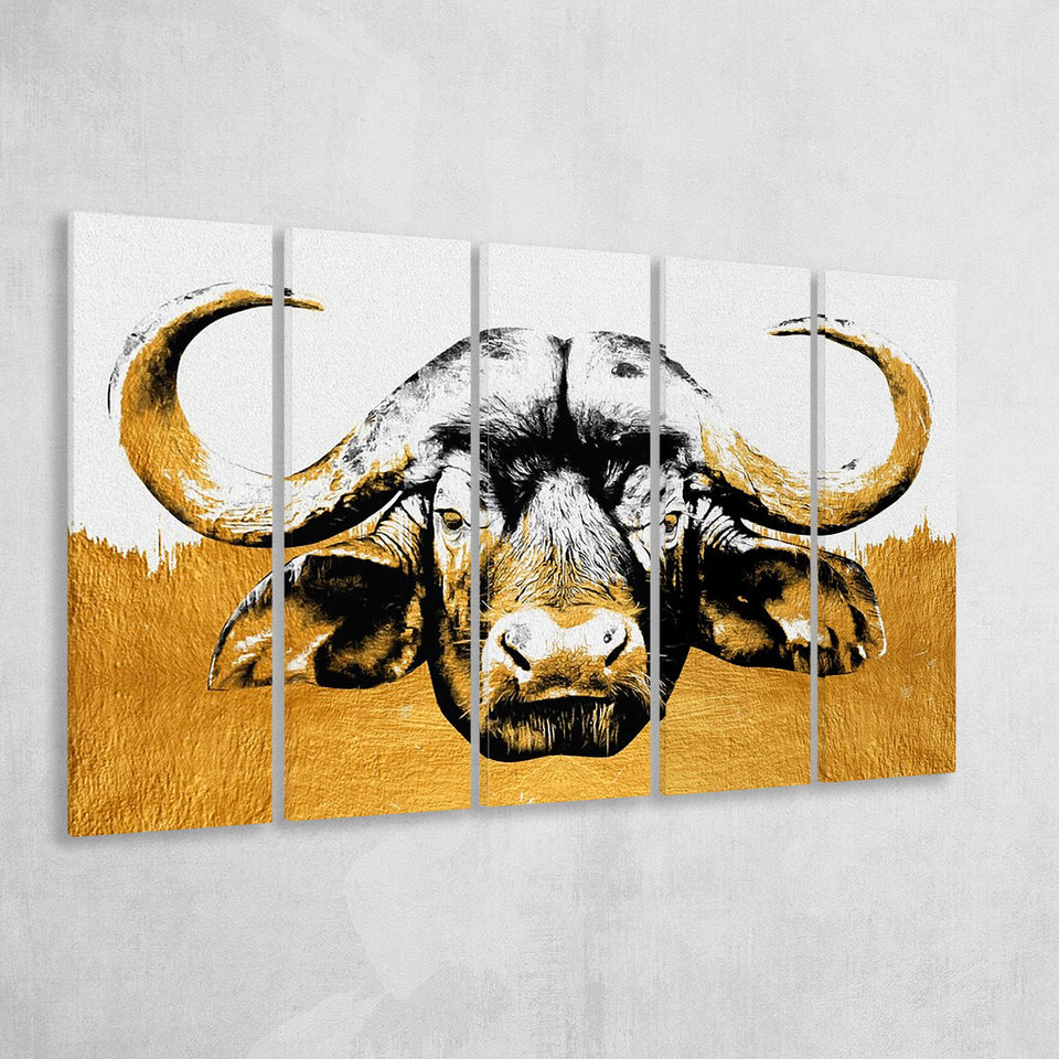 Modern Painting Of Buffalo Face Grey And Golden, Multi Panels, 5 Pieces B, Canvas Prints Wall Art Home Decor,X Large Canvas