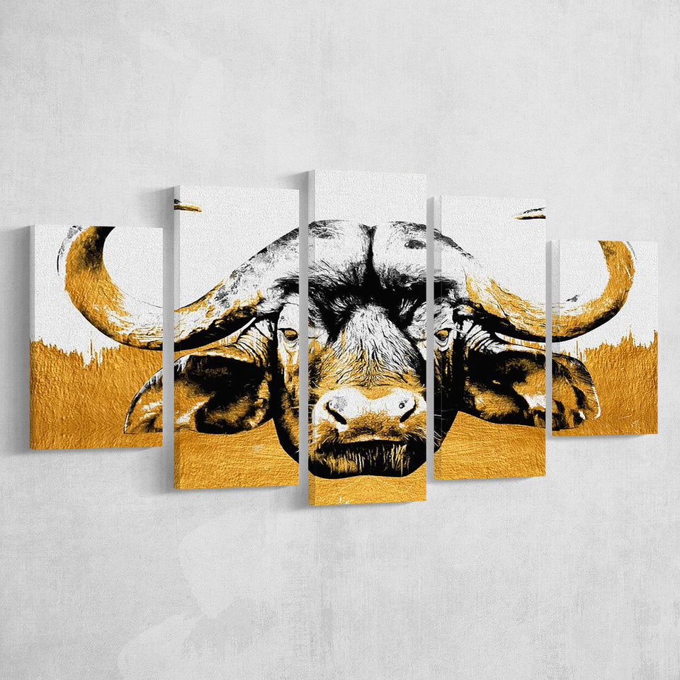 Modern Painting Of Buffalo Face Grey And Golden, Multi Panels, 5 Pieces, Canvas Prints Wall Art Home Decor