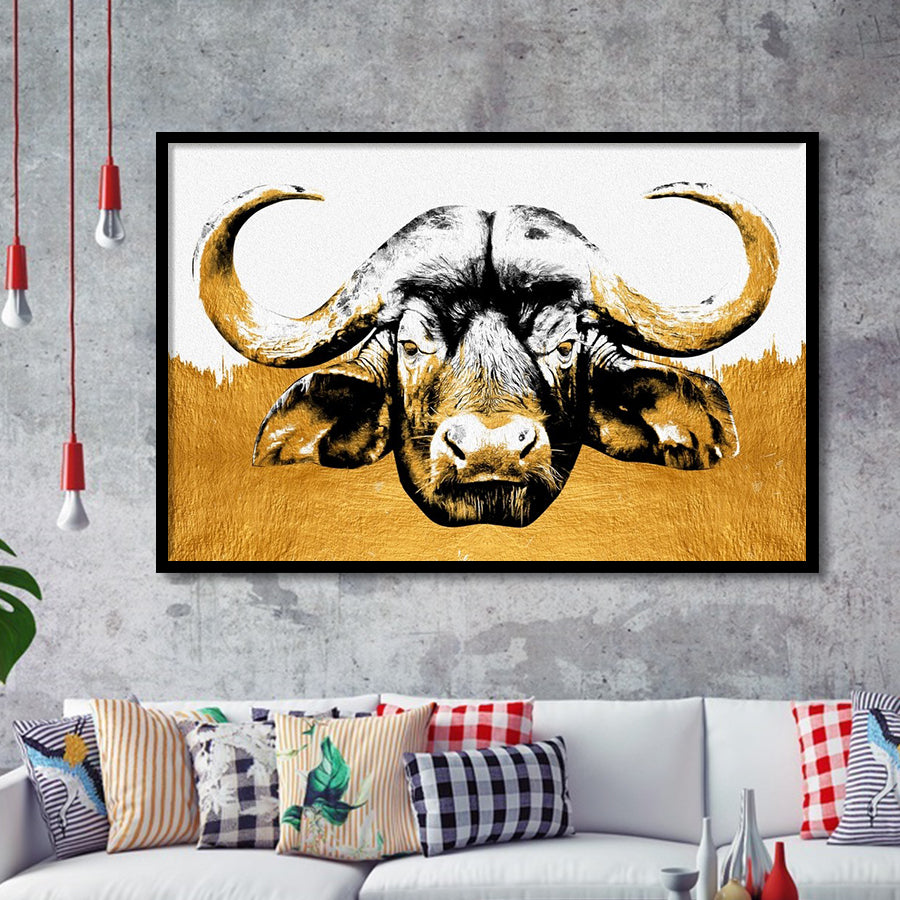 Modern Painting Of Buffalo Face Grey And Golden, Framed Art Prints Wall Art Home Decor, Ready to Hang