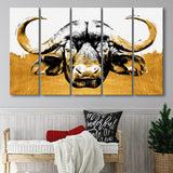 Modern Painting Of Buffalo Face Grey And Golden, Multi Panels, 5 Pieces B, Canvas Prints Wall Art Home Decor,X Large Canvas