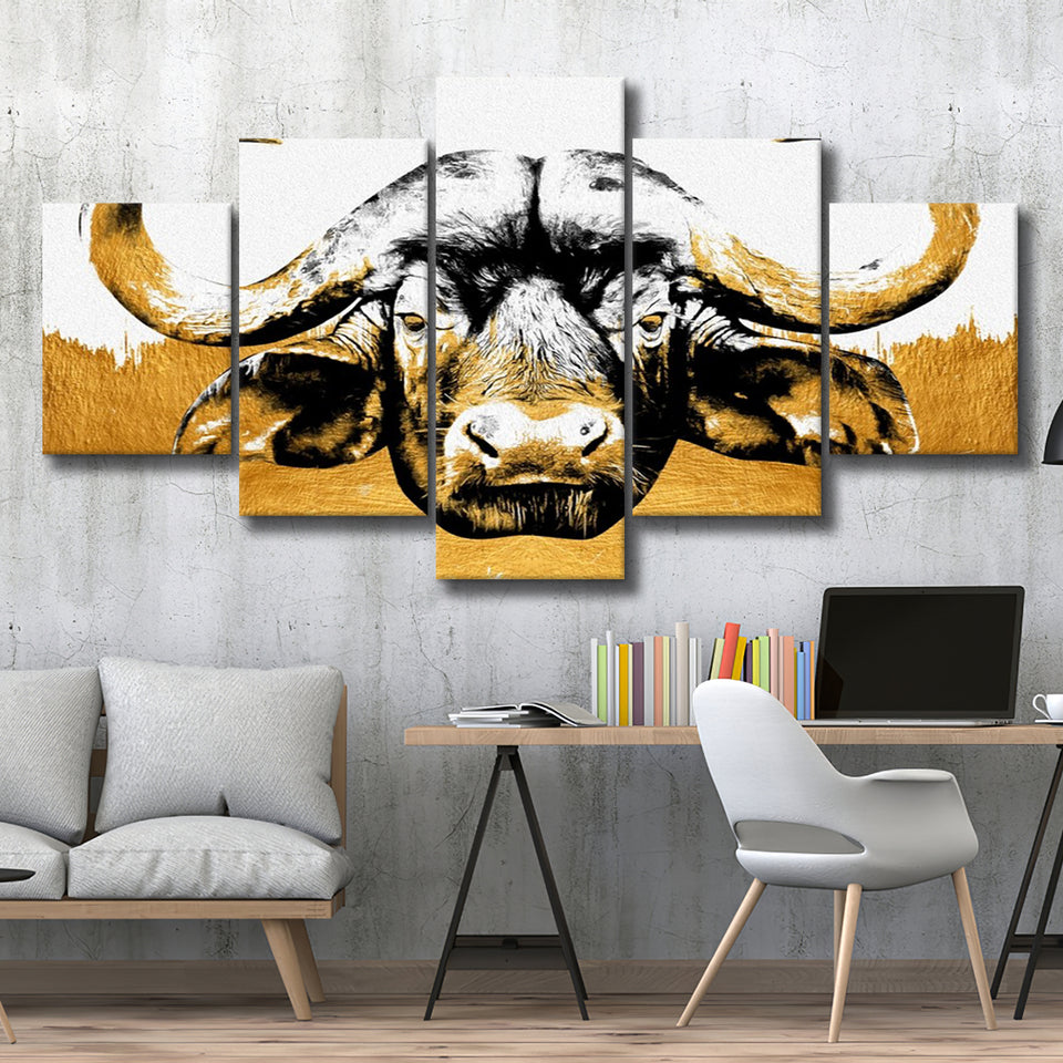 Modern Painting Of Buffalo Face Grey And Golden, Multi Panels, 5 Pieces, Canvas Prints Wall Art Home Decor