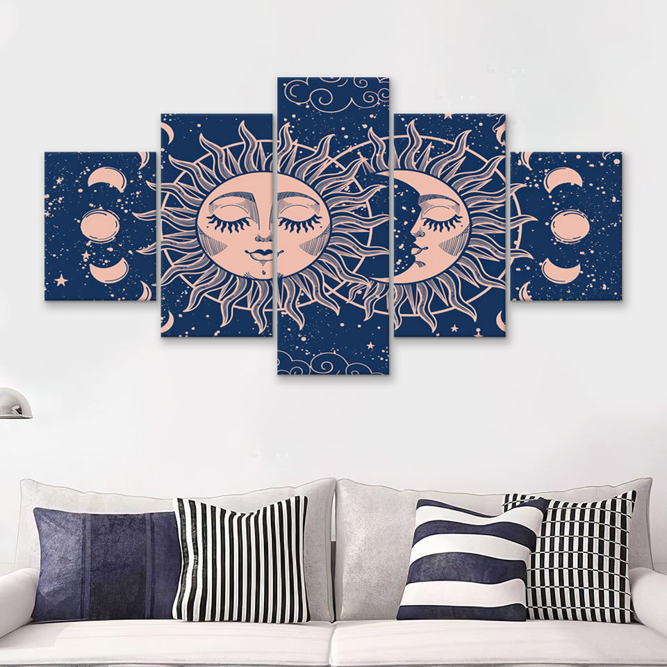 Moon And Sun With A Face On A Blue Background 5 Pieces Canvas Prints Wall Art - Painting Canvas, Multi Panels, Wall Decor