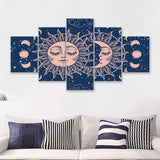 Moon And Sun With A Face On A Blue Background 5 Pieces Canvas Prints Wall Art - Painting Canvas, Multi Panels, Wall Decor