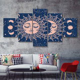 Moon And Sun With A Face On A Blue Background 5 Pieces Canvas Prints Wall Art - Painting Canvas, Multi Panels, Wall Decor
