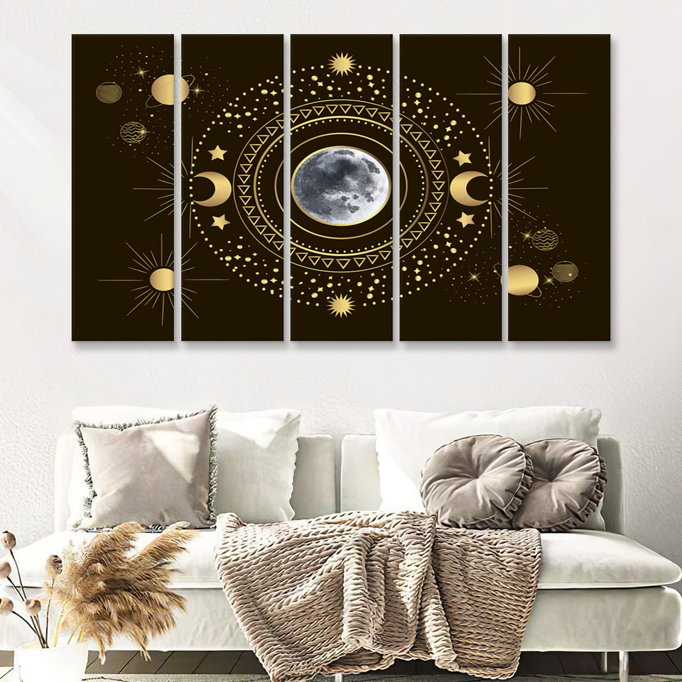Moon In The Center Of The Solar System Among The Sun And Planets 5 Pieces Canvas Prints Wall Art - Painting Canvas, Multi Panels, Wall Decor