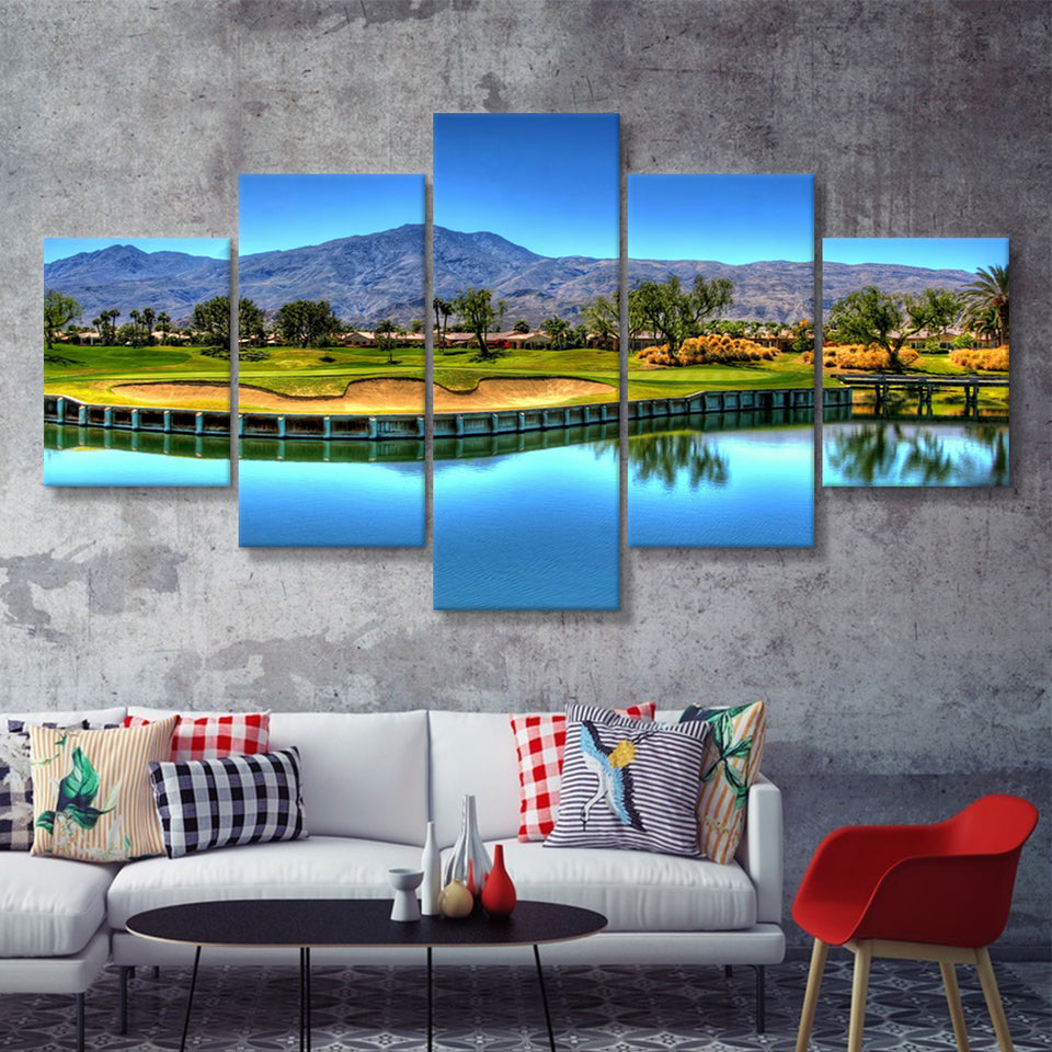 Mountains And Golf Course 5 Pieces Canvas Prints Wall Art - Painting Canvas, Multi Panel