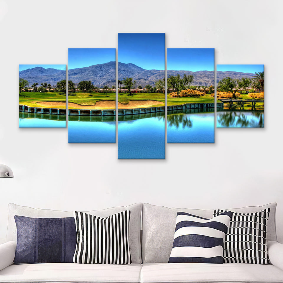 Mountains And Golf Course 5 Pieces Canvas Prints Wall Art - Painting Canvas, Multi Panel