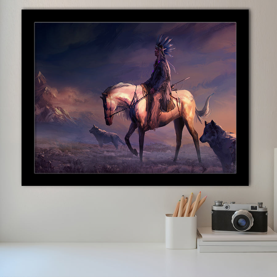 Mountains Native Americans Horseman Wolf Fantasy Art Framed Art Prints Wall Decor - Painting Prints,Framed Picture, Home Decor, For Sale