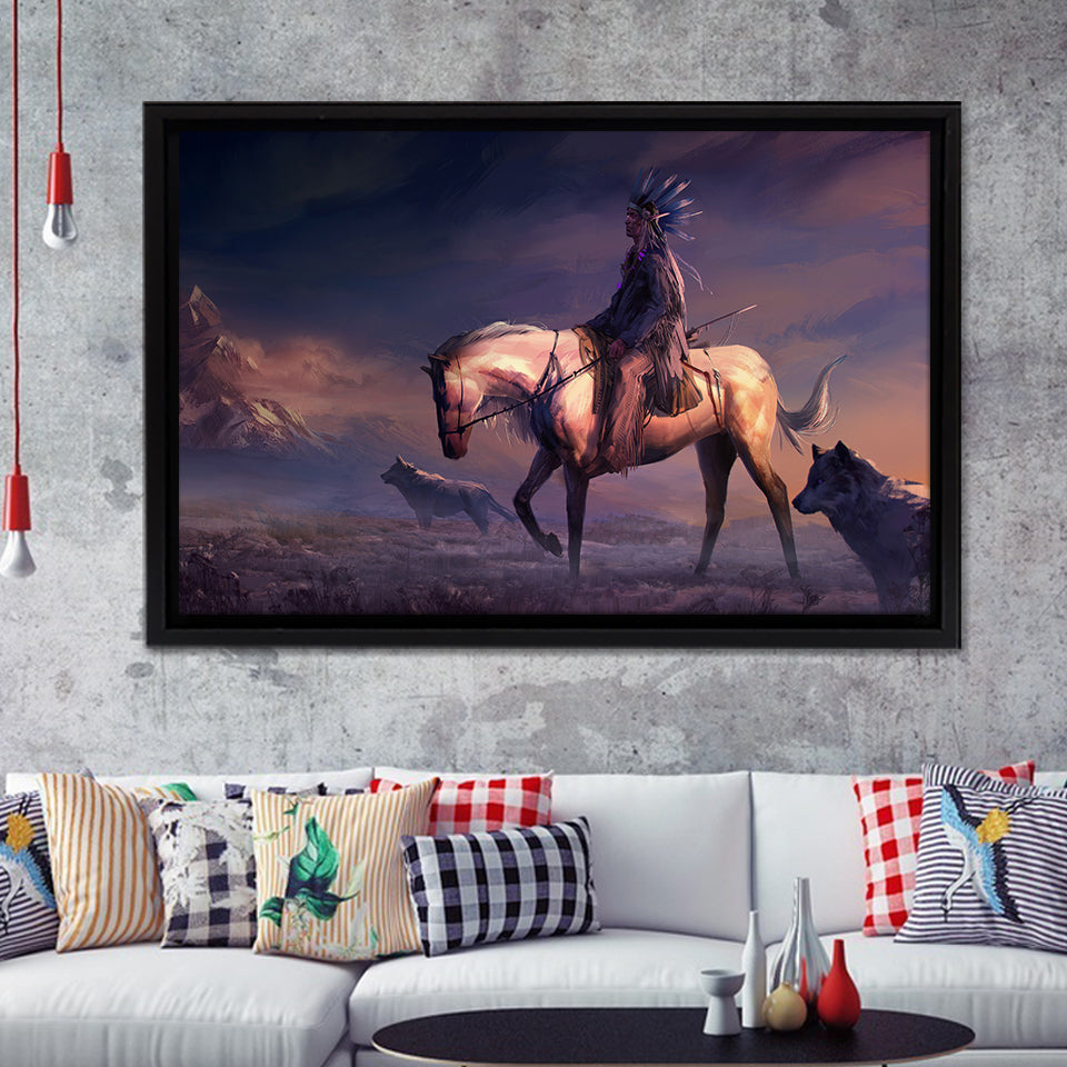 Mountains Native Americans Horseman Wolf Fantasy Art Framed Canvas Prints Wall Art - Painting Canvas, Floating Frame, Home Wall Decor