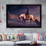 Mountains Native Americans Horseman Wolf Fantasy Art Framed Canvas Prints Wall Art - Painting Canvas, Floating Frame, Home Wall Decor
