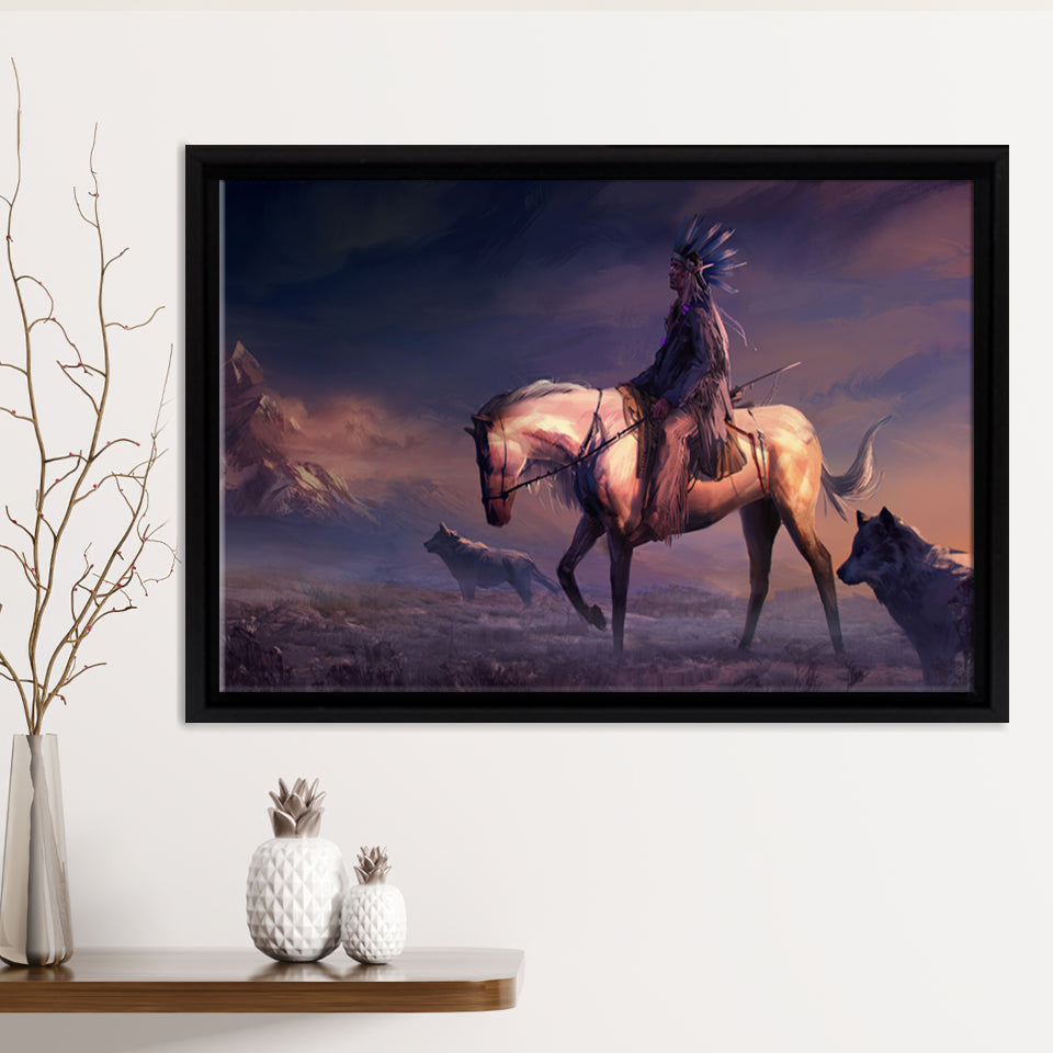 Mountains Native Americans Horseman Wolf Fantasy Art Framed Canvas Prints Wall Art - Painting Canvas, Floating Frame, Home Wall Decor