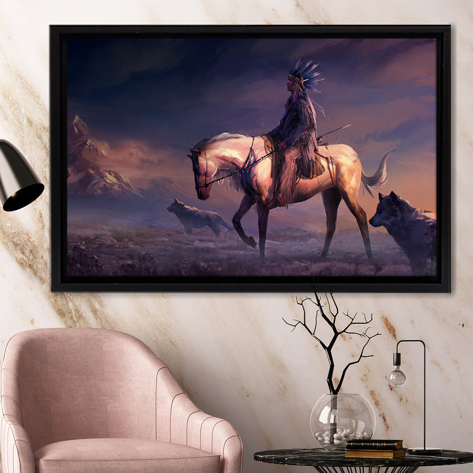 Mountains Native Americans Horseman Wolf Fantasy Art Framed Canvas Prints Wall Art - Painting Canvas, Floating Frame, Home Wall Decor
