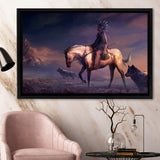 Mountains Native Americans Horseman Wolf Fantasy Art Framed Canvas Prints Wall Art - Painting Canvas, Floating Frame, Home Wall Decor