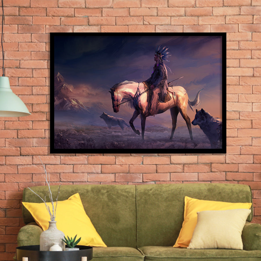 Mountains Native Americans Horseman Wolf Fantasy Art Framed Art Prints Wall Decor - Painting Prints,Framed Picture, Home Decor, For Sale