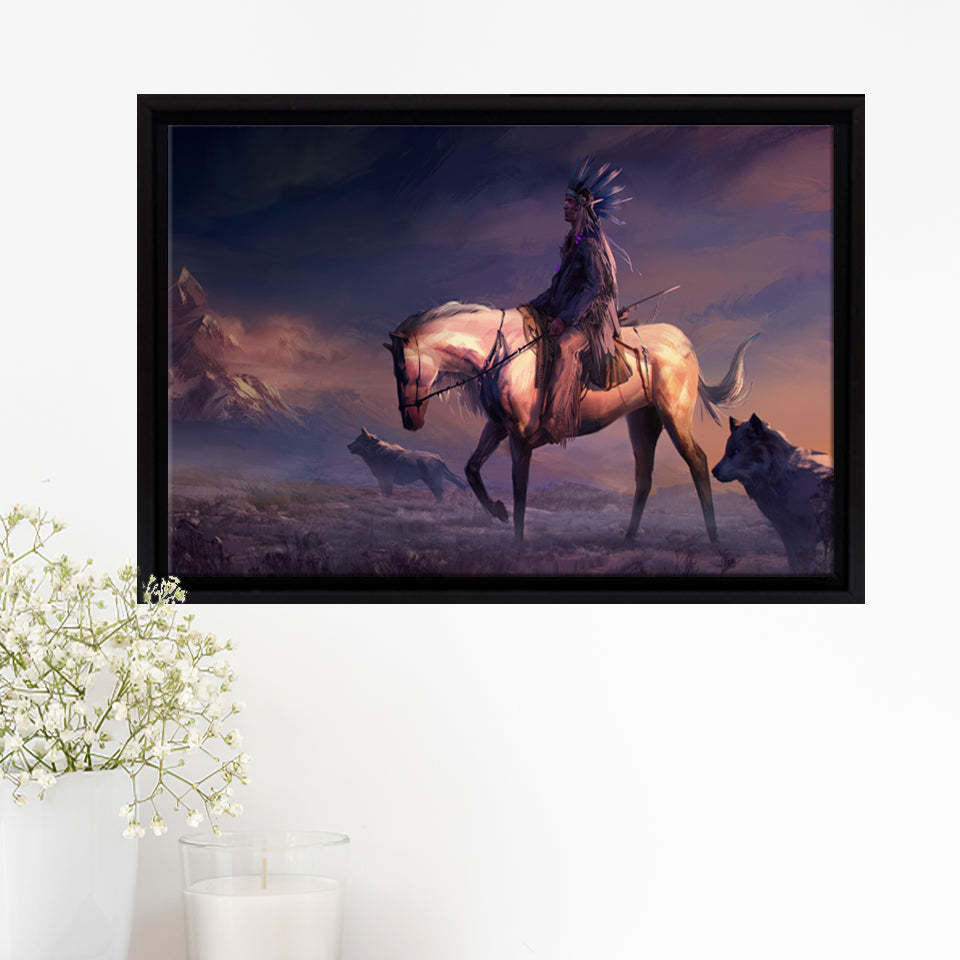 Mountains Native Americans Horseman Wolf Fantasy Art Framed Canvas Prints Wall Art - Painting Canvas, Floating Frame, Home Wall Decor