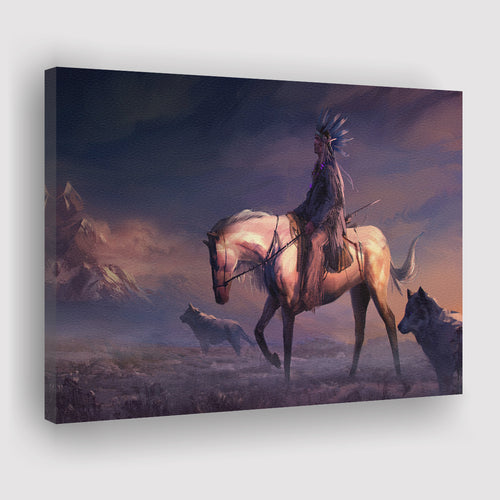 Mountains Native Americans Horseman Wolf Fantasy Art Canvas Prints Wall Art - Painting Canvas, Painting Prints, Home Wall Decor, For Sale