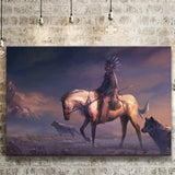 Mountains Native Americans Horseman Wolf Fantasy Art Canvas Prints Wall Art - Painting Canvas, Painting Prints, Home Wall Decor, For Sale