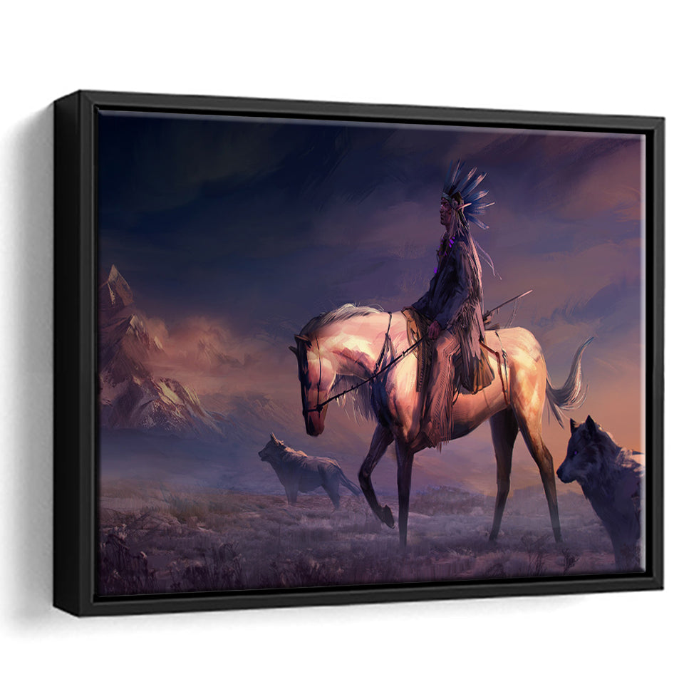 Mountains Native Americans Horseman Wolf Fantasy Art Framed Canvas Prints Wall Art - Painting Canvas, Floating Frame, Home Wall Decor