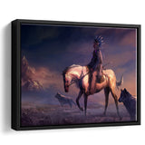 Mountains Native Americans Horseman Wolf Fantasy Art Framed Canvas Prints Wall Art - Painting Canvas, Floating Frame, Home Wall Decor