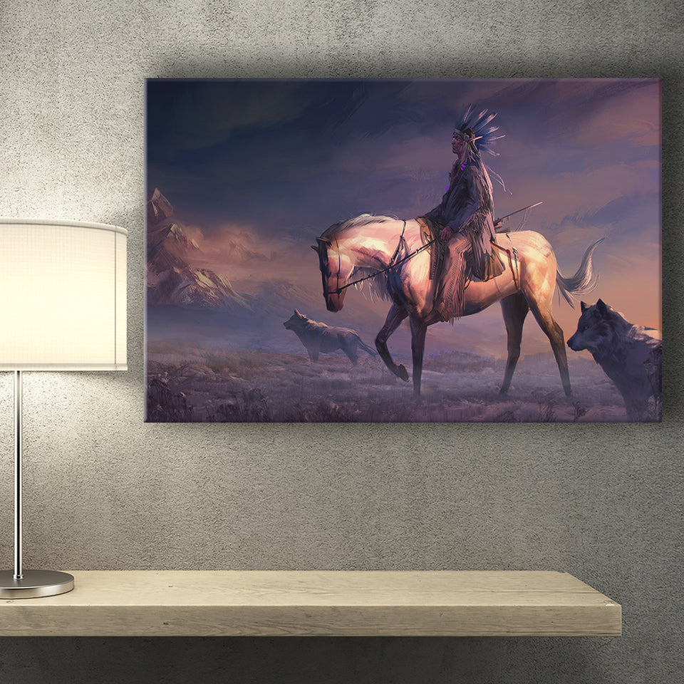 Mountains Native Americans Horseman Wolf Fantasy Art Canvas Prints Wall Art - Painting Canvas, Painting Prints, Home Wall Decor, For Sale