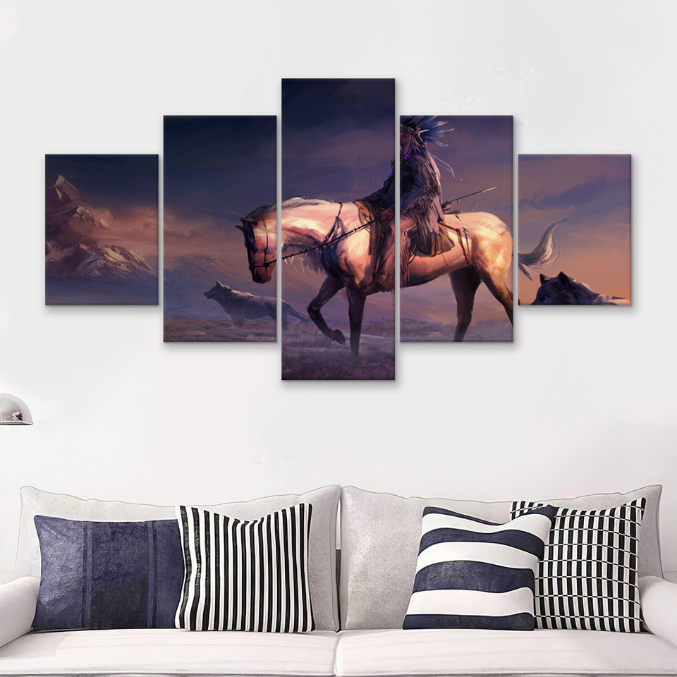 Mountains Native Americans Horseman Wolf Fantasy Art 5 Pieces Canvas Prints Wall Art - Painting Canvas, Multi Panels, Wall Decor