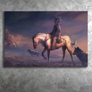 Mountains Native Americans Horseman Wolf Fantasy Art Canvas Prints Wall Art - Painting Canvas, Painting Prints, Home Wall Decor, For Sale
