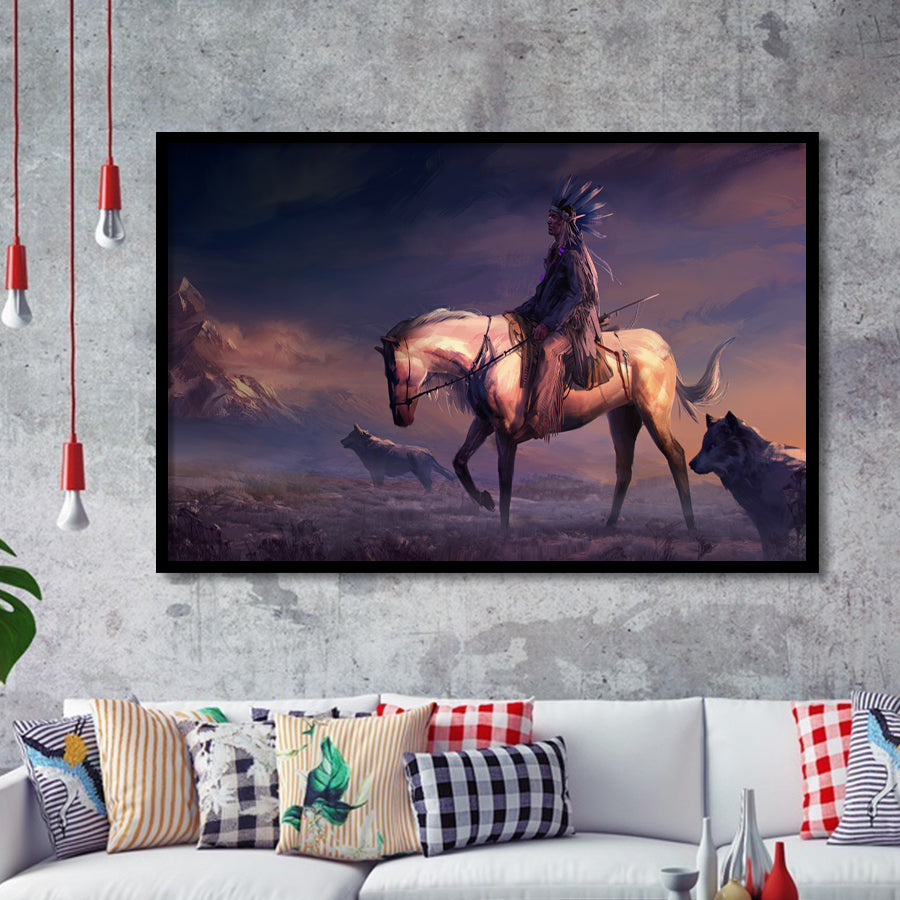 Mountains Native Americans Horseman Wolf Fantasy Art Framed Art Prints Wall Decor - Painting Prints,Framed Picture, Home Decor, For Sale