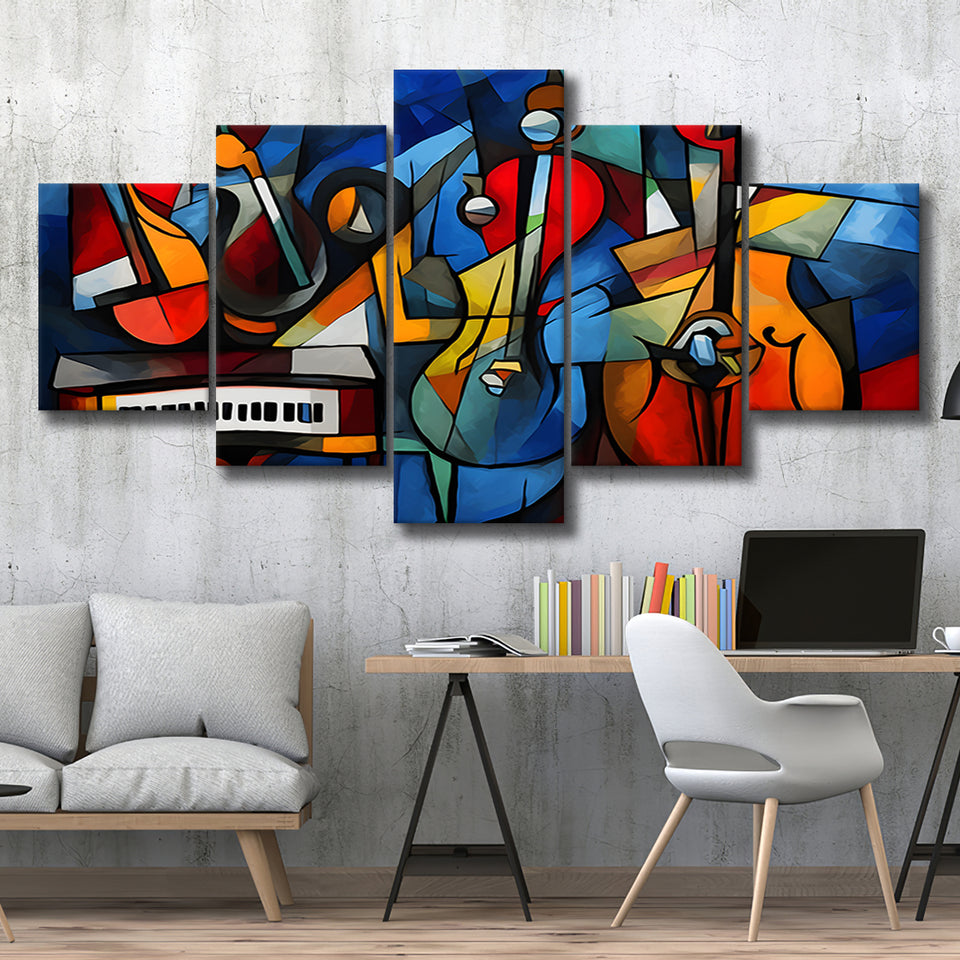 Mussic Jaz Band Abstract Mixed Oil Painting V1 5 Panels Canvas Prints Wall Art Home Decor, Large Mixed Canvas