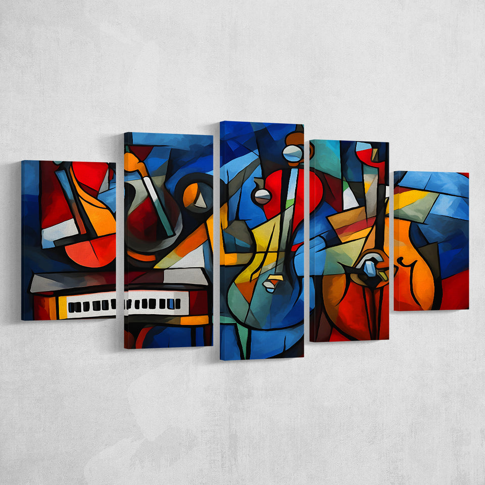 Mussic Jaz Band Abstract Mixed Oil Painting V1 5 Panels Canvas Prints Wall Art Home Decor, Large Mixed Canvas