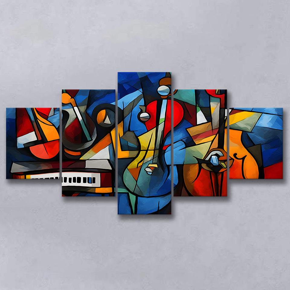 Mussic Jaz Band Abstract Mixed Oil Painting V1 5 Panels Canvas Prints Wall Art Home Decor, Large Mixed Canvas