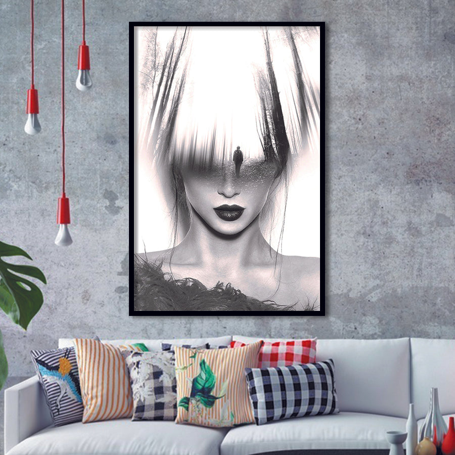Mystical Woman Abstract Black And White, Framed Art Prints Wall Art Home Decor, Ready to Hang