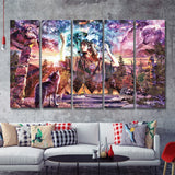Native Americans Girl With Wolves 5 Pieces B Canvas Prints Wall Art - Painting Canvas,Wall Decor, Multi Panel,5 Panels