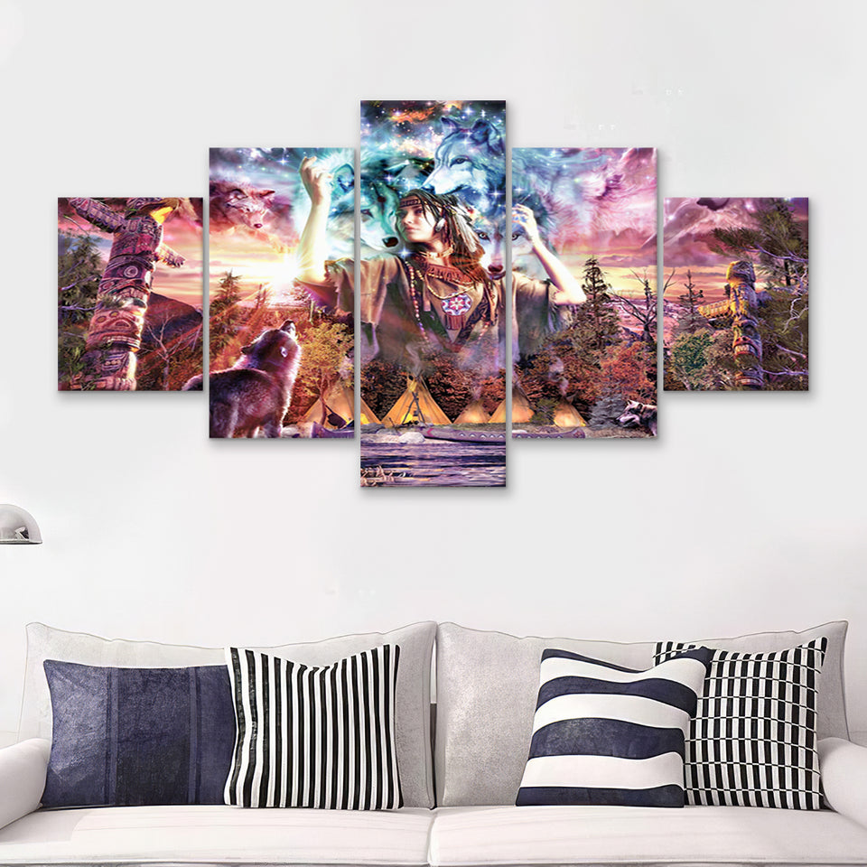 Native Americans Girl With Wolves 5 Pieces Canvas Prints Wall Art - Painting Canvas,Wall Decor, Multi Panel,5 Panels