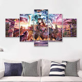 Native Americans Girl With Wolves 5 Pieces Canvas Prints Wall Art - Painting Canvas,Wall Decor, Multi Panel,5 Panels