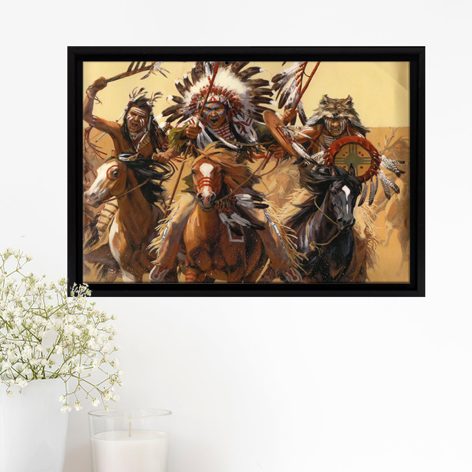 Native Americans Warrior Framed Canvas Prints Wall Art - Painting Canvas, Floating Frame, Home Wall Decor