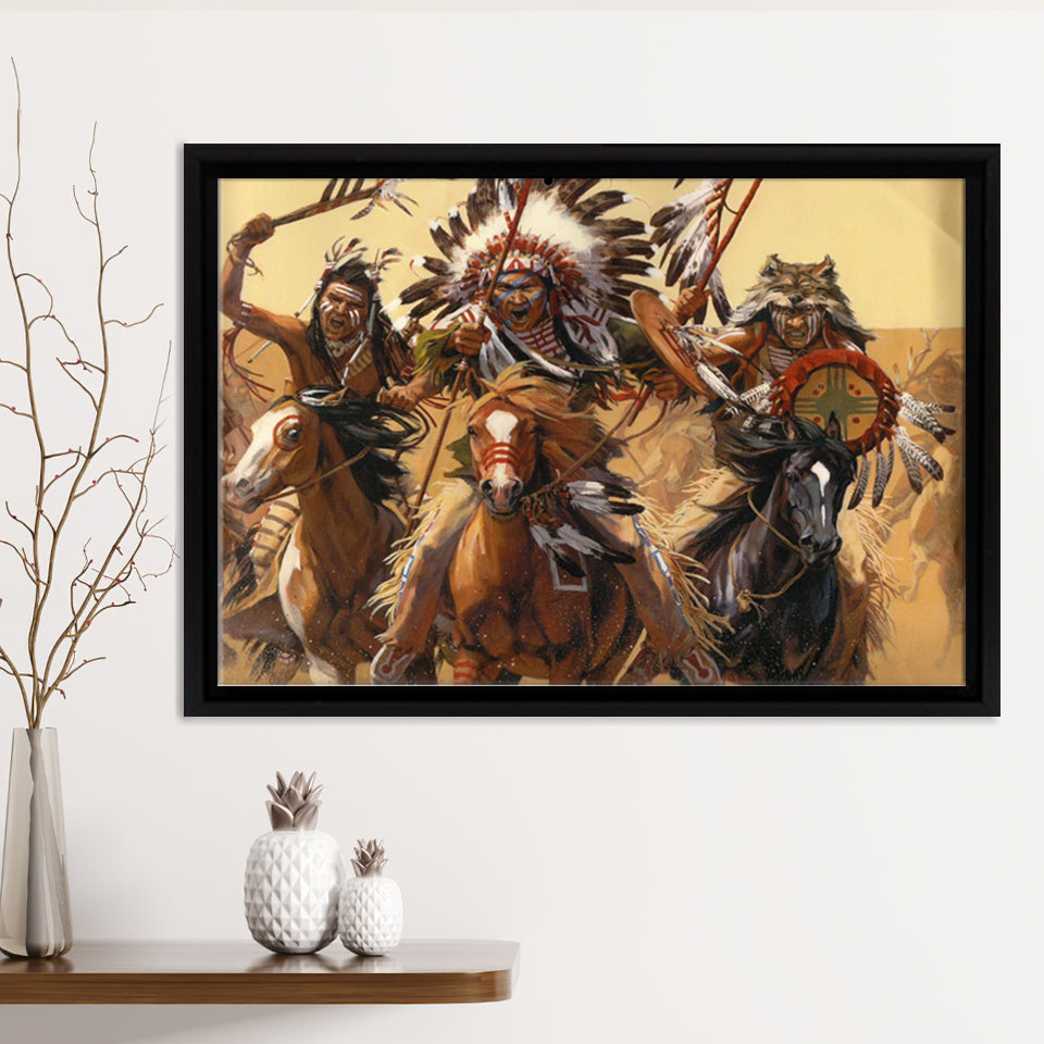 Native Americans Warrior Framed Canvas Prints Wall Art - Painting Canvas, Floating Frame, Home Wall Decor