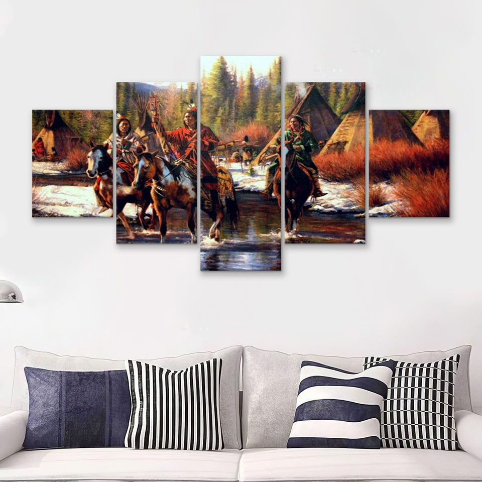 Native_American_Indian_Western 5 Pieces Canvas Prints Wall Art - Painting Canvas, Multi Panels, Wall Decor