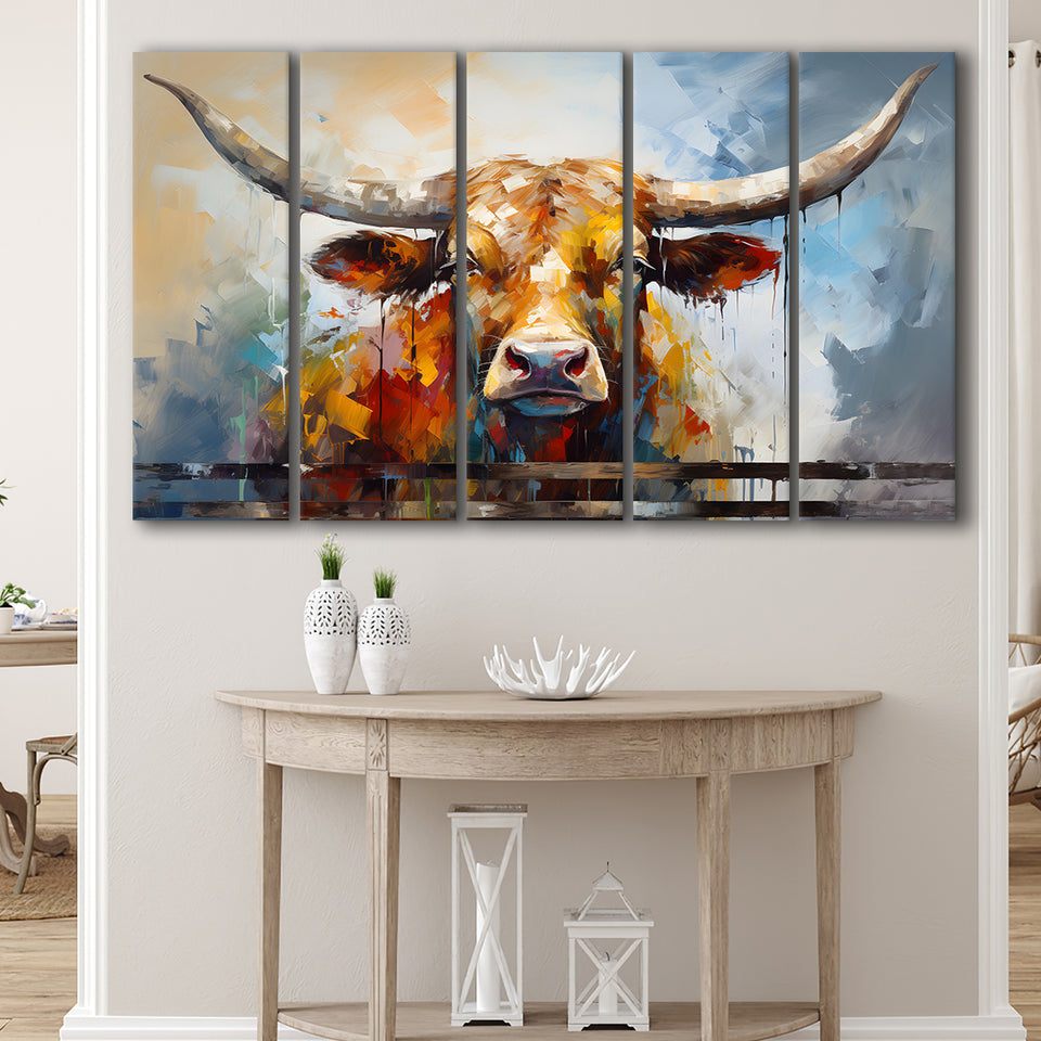 Oil Painting Longhorn Bull Portrait 5 Panels B Canvas Prints Wall Art Home Decor, Extra Large Canvas