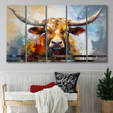 Oil Painting Longhorn Bull Portrait 5 Panels B Canvas Prints Wall Art Home Decor, Extra Large Canvas