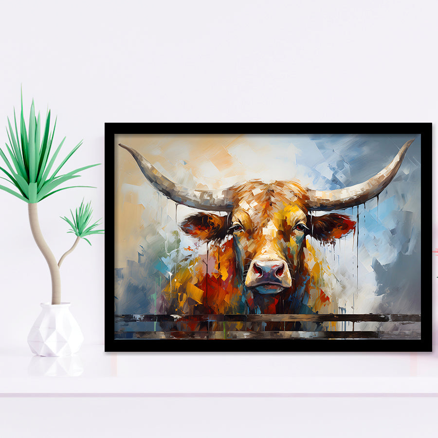 Oil Painting Longhorn Bull Portrait Framed Art Prints Wall Decor, Painting Art, Framed Picture