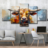 Oil Painting Longhorn Bull Portrait 5 Panels Canvas Prints Wall Art Home Decor, Large Mixed Canvas