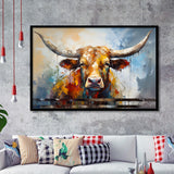 Oil Painting Longhorn Bull Portrait Framed Art Prints Wall Decor, Painting Art, Framed Picture