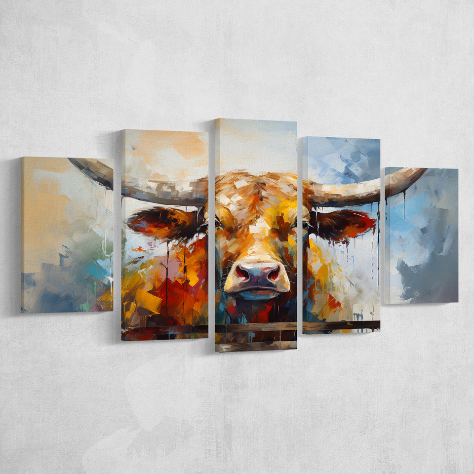 Oil Painting Longhorn Bull Portrait 5 Panels Canvas Prints Wall Art Home Decor, Large Mixed Canvas
