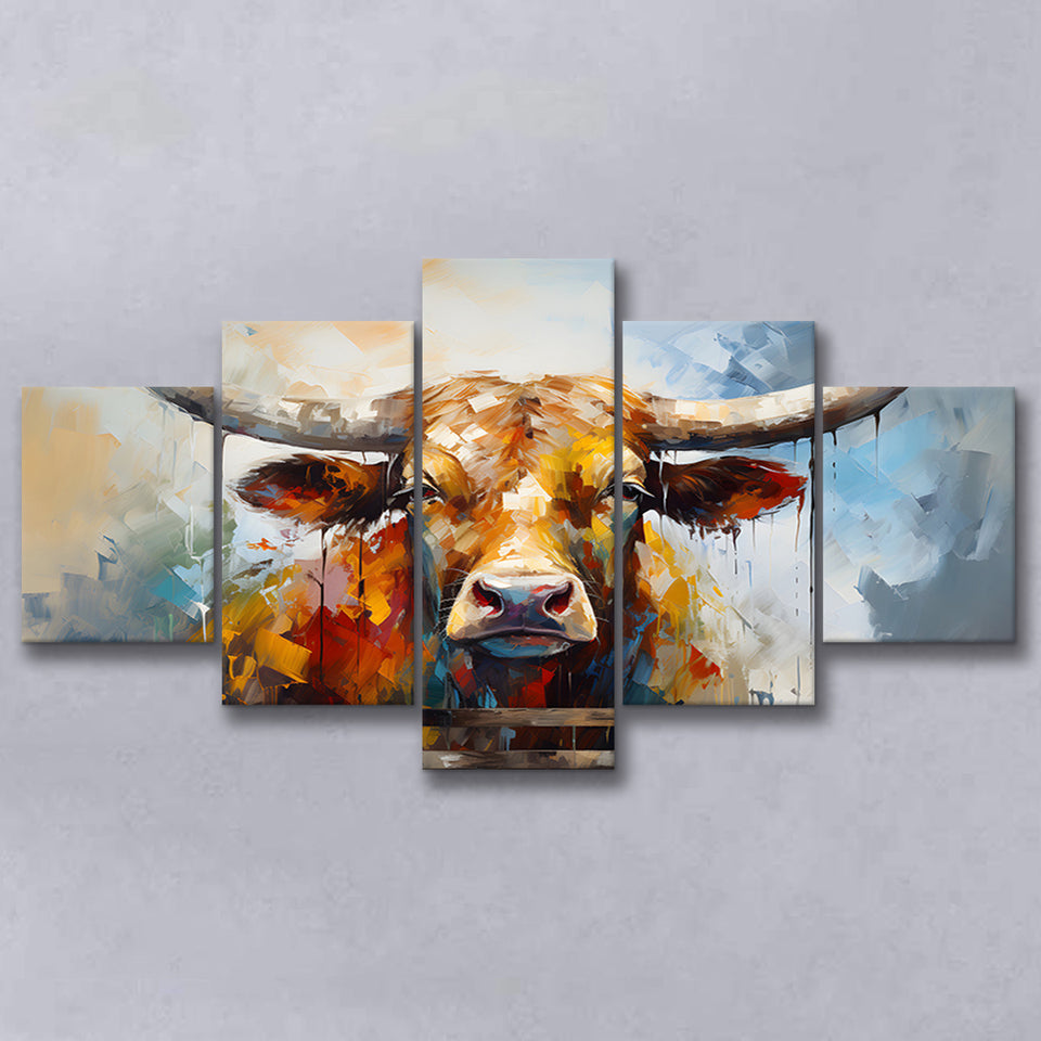 Oil Painting Longhorn Bull Portrait 5 Panels Canvas Prints Wall Art Home Decor, Large Mixed Canvas