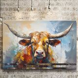 Oil Painting Longhorn Bull Portrait Canvas Prints Wall Art Home Decor, Painting Canvas, Living Room Wall Decor