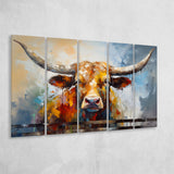 Oil Painting Longhorn Bull Portrait 5 Panels B Canvas Prints Wall Art Home Decor, Extra Large Canvas