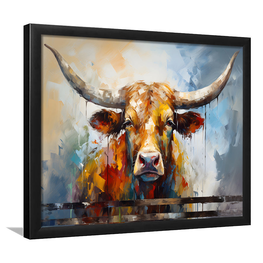 Oil Painting Longhorn Bull Portrait Framed Art Prints Wall Decor, Painting Art, Framed Picture