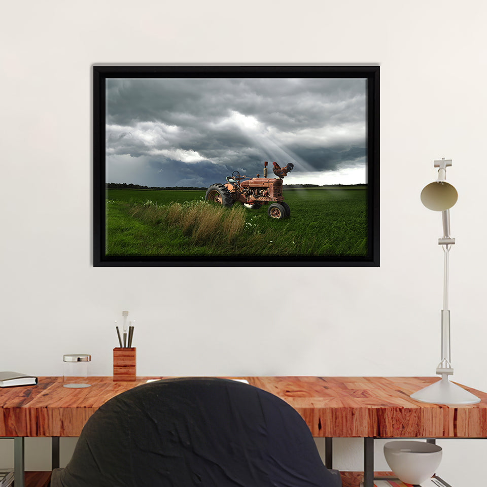 Old Tractor On A Summer Field In A Stormy Weather Canvas Wall Art - Canvas Print, Framed Canvas, Painting Canvas