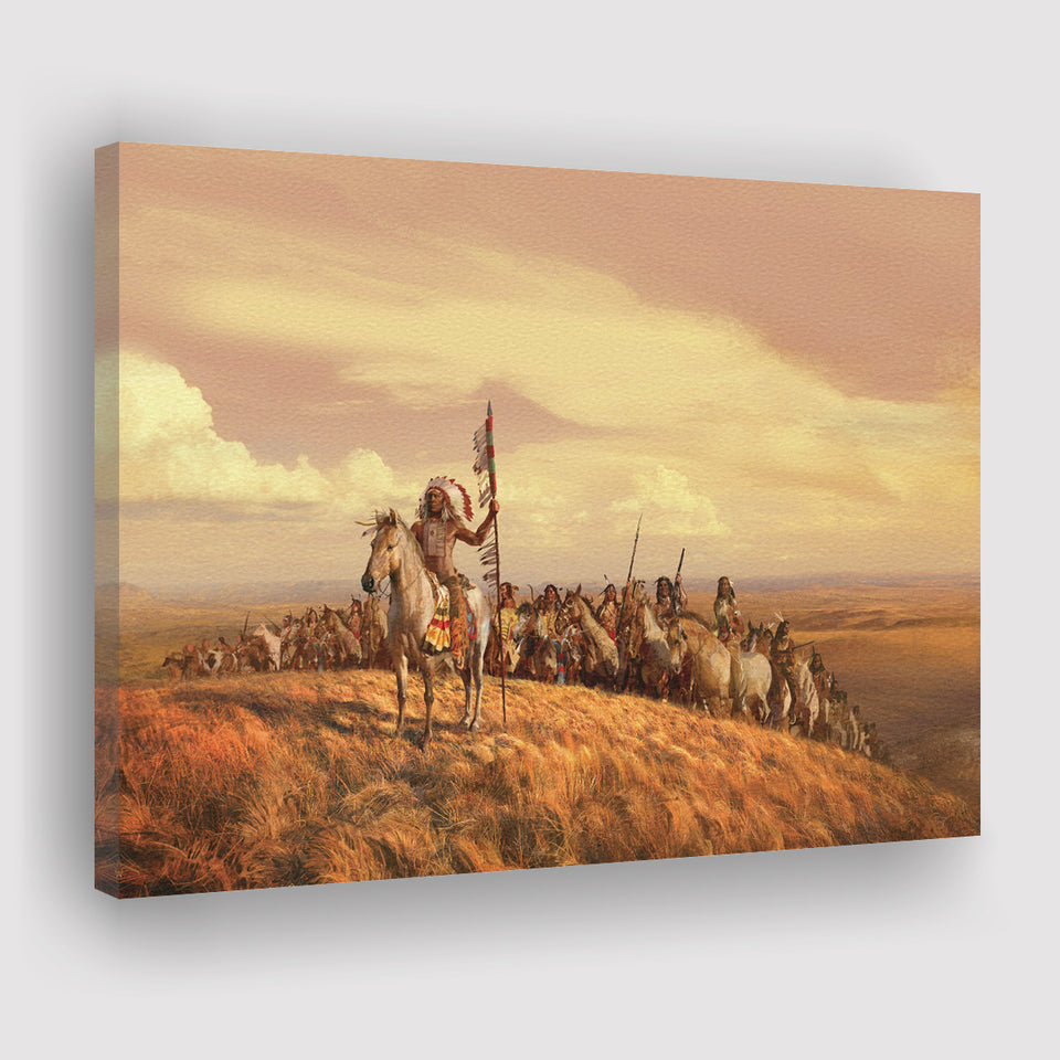 Native Americans Horse Clothing Nature Hills Clouds Spear Feathers Canvas Prints Wall Art - Painting Canvas, Painting Prints, Home Wall Decor