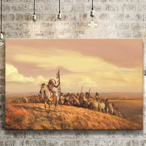 Native Americans Horse Clothing Nature Hills Clouds Spear Feathers Canvas Prints Wall Art - Painting Canvas, Painting Prints, Home Wall Decor